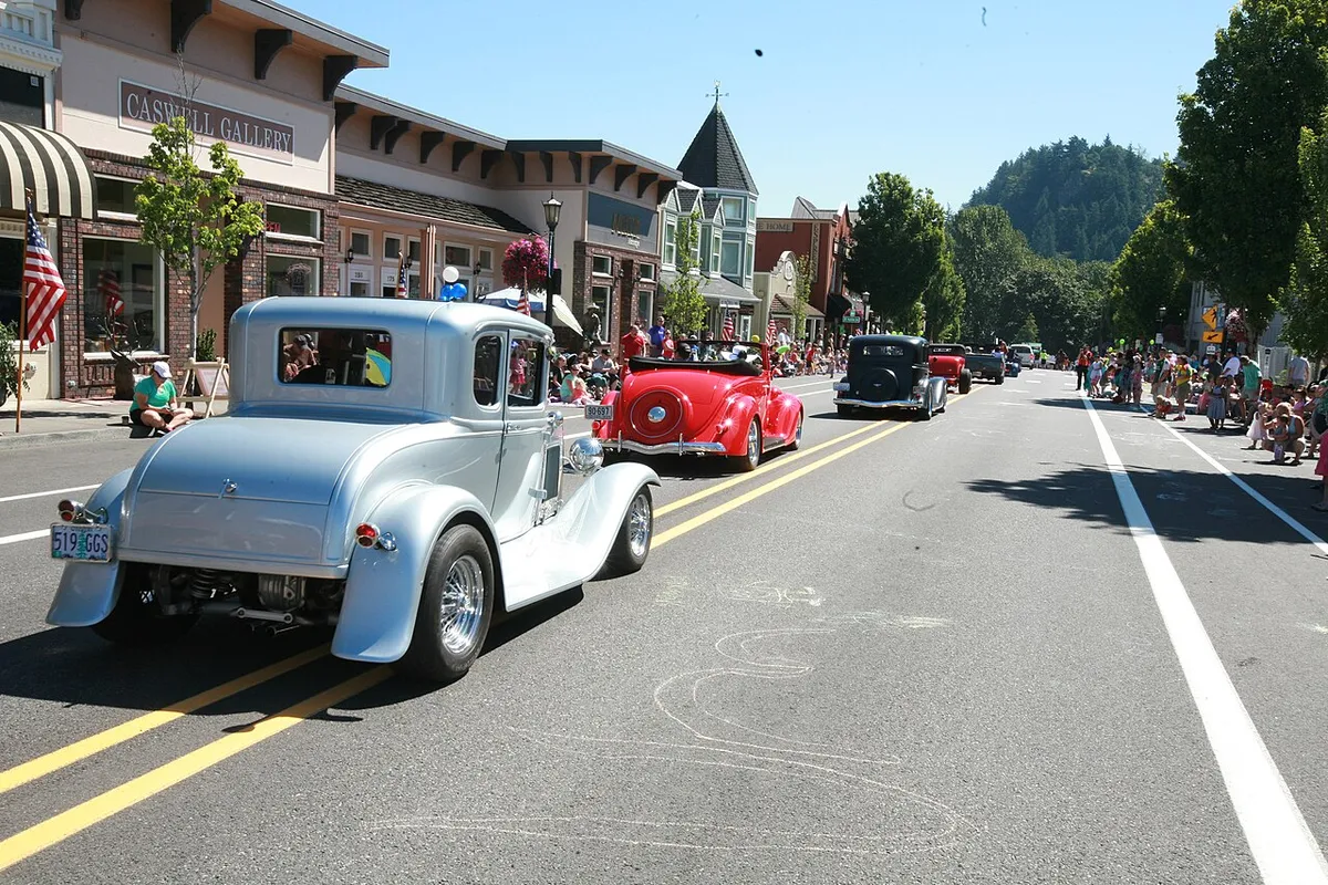 Historic downtown Troutdale during a vintage car show, Oregon