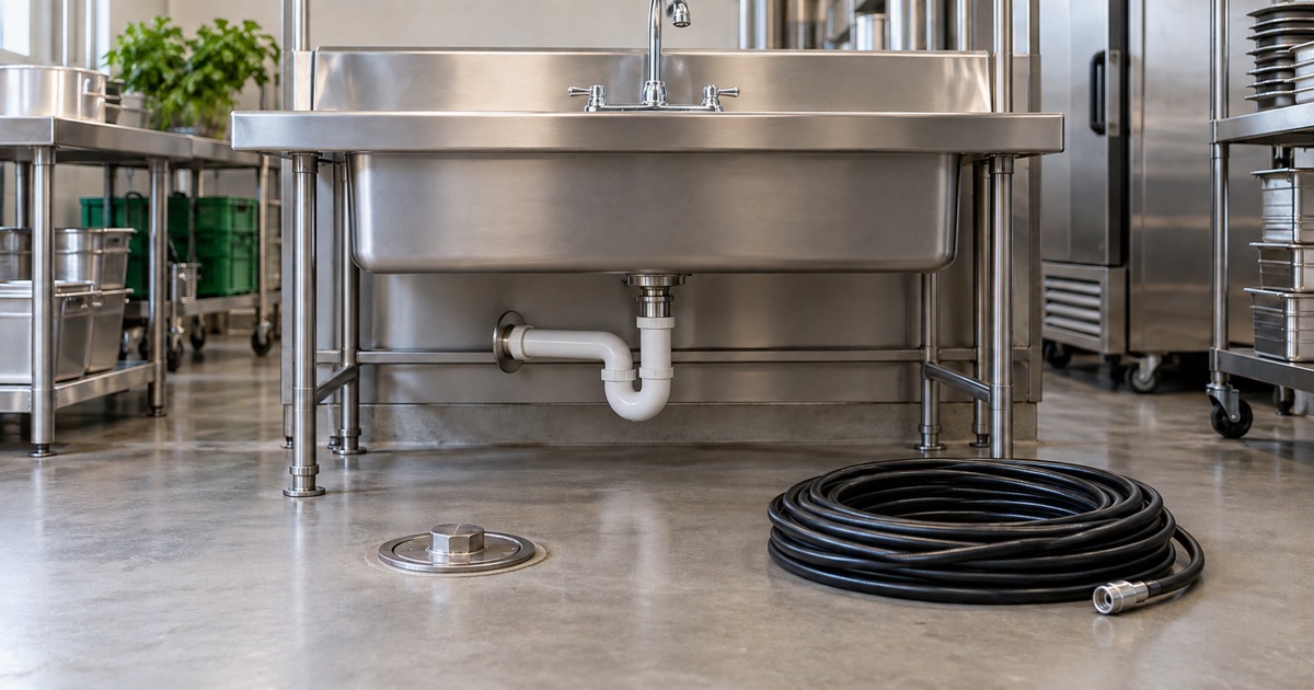 Stainless-steel commercial sink above a drain trap, with a capped floor cleanout and coiled hose nearby