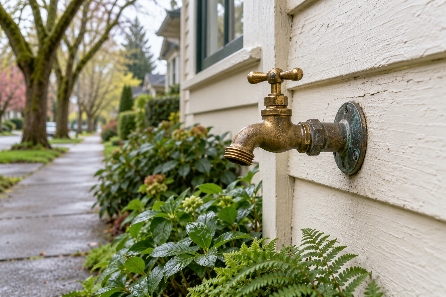 Editorial scene of an outdoor water tap on a leafy Pacific Northwest residential street