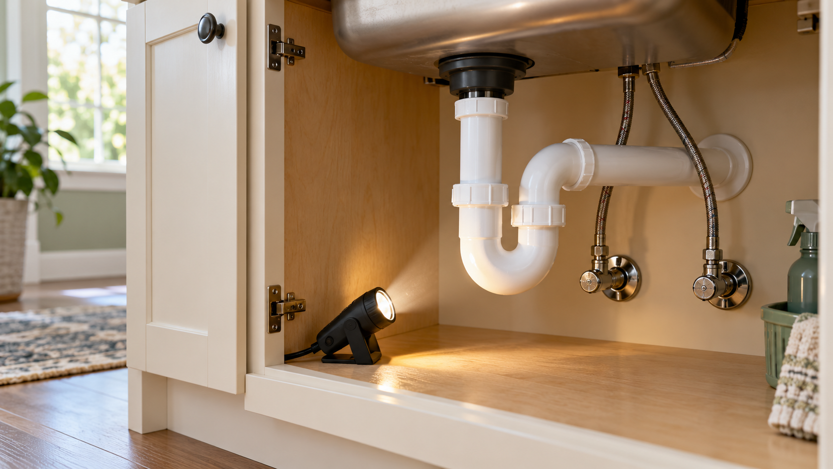 Editorial scene of a flashlight illuminating accessible plumbing beneath a kitchen sink