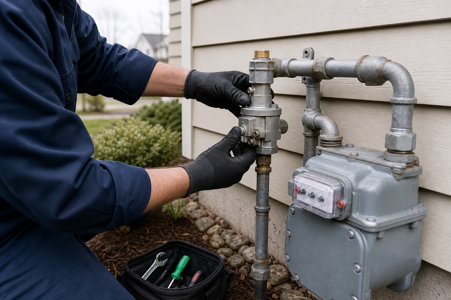 Licensed plumber inspecting a seismic shutoff valve beside a residential gas meter