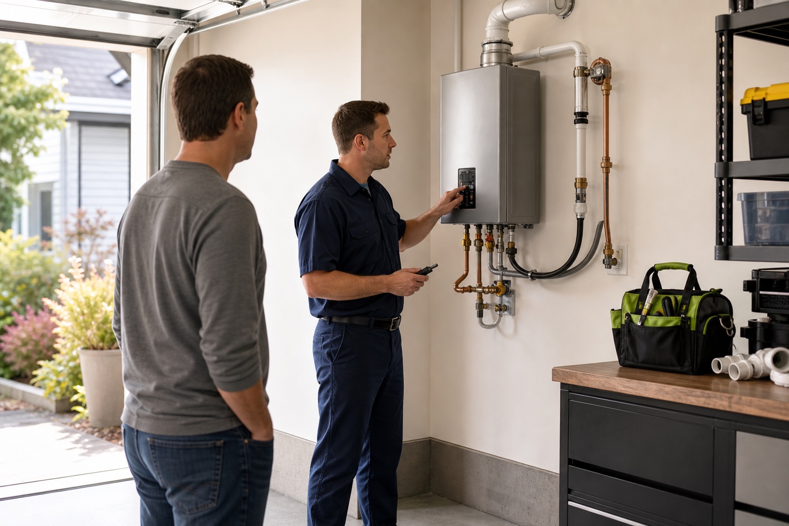 Licensed plumber reviewing a professionally installed tankless water heater with a homeowner