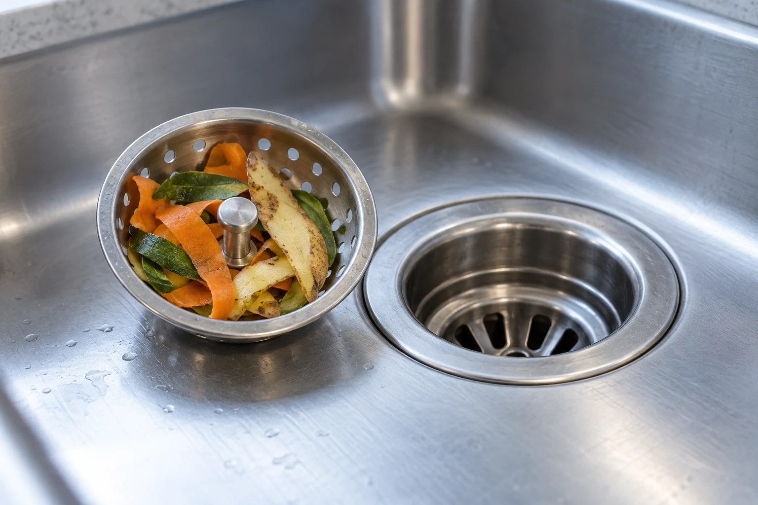 Vegetable scraps caught in a kitchen sink drain basket