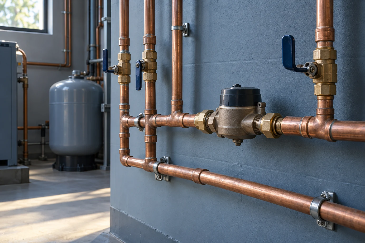 Copper supply pipes and a water meter in a utility room