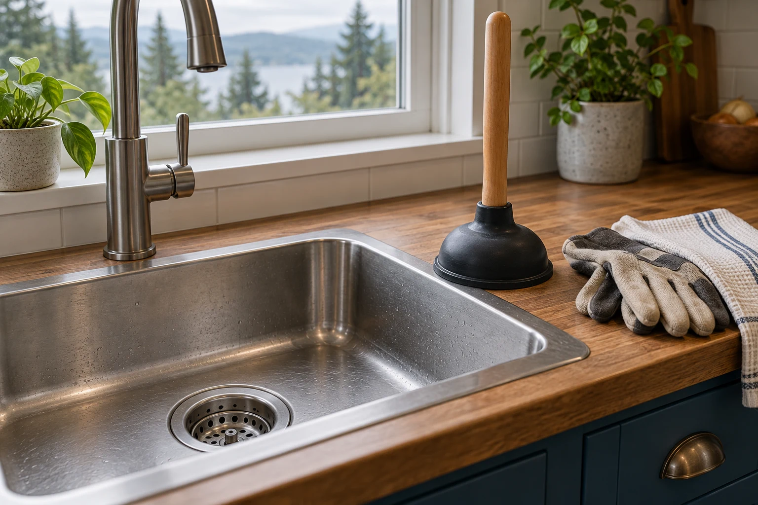 A plunger and cleaning gloves beside a kitchen sink
