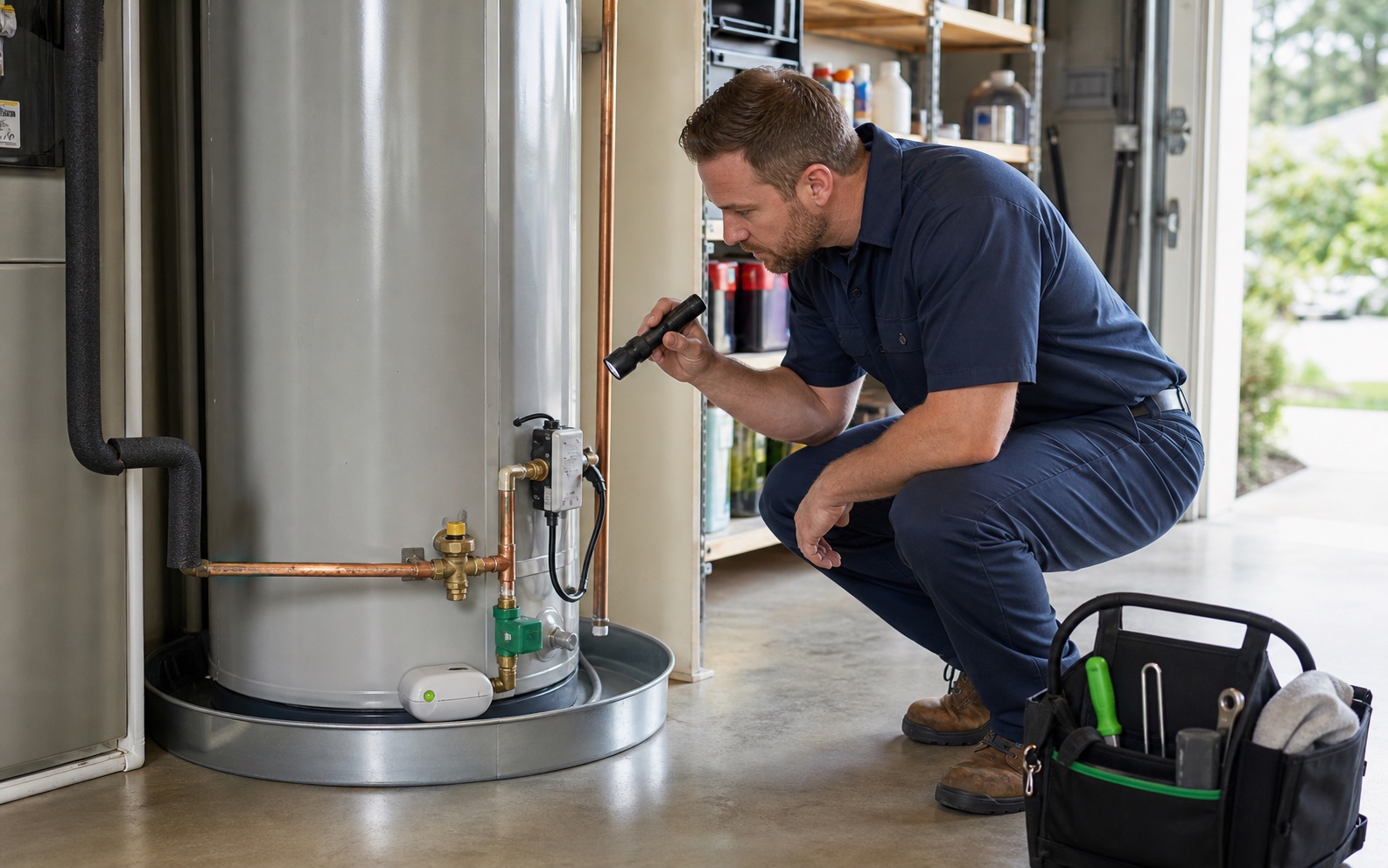 Licensed plumber inspecting a water heater drain pan, leak sensor, and automatic shutoff valve