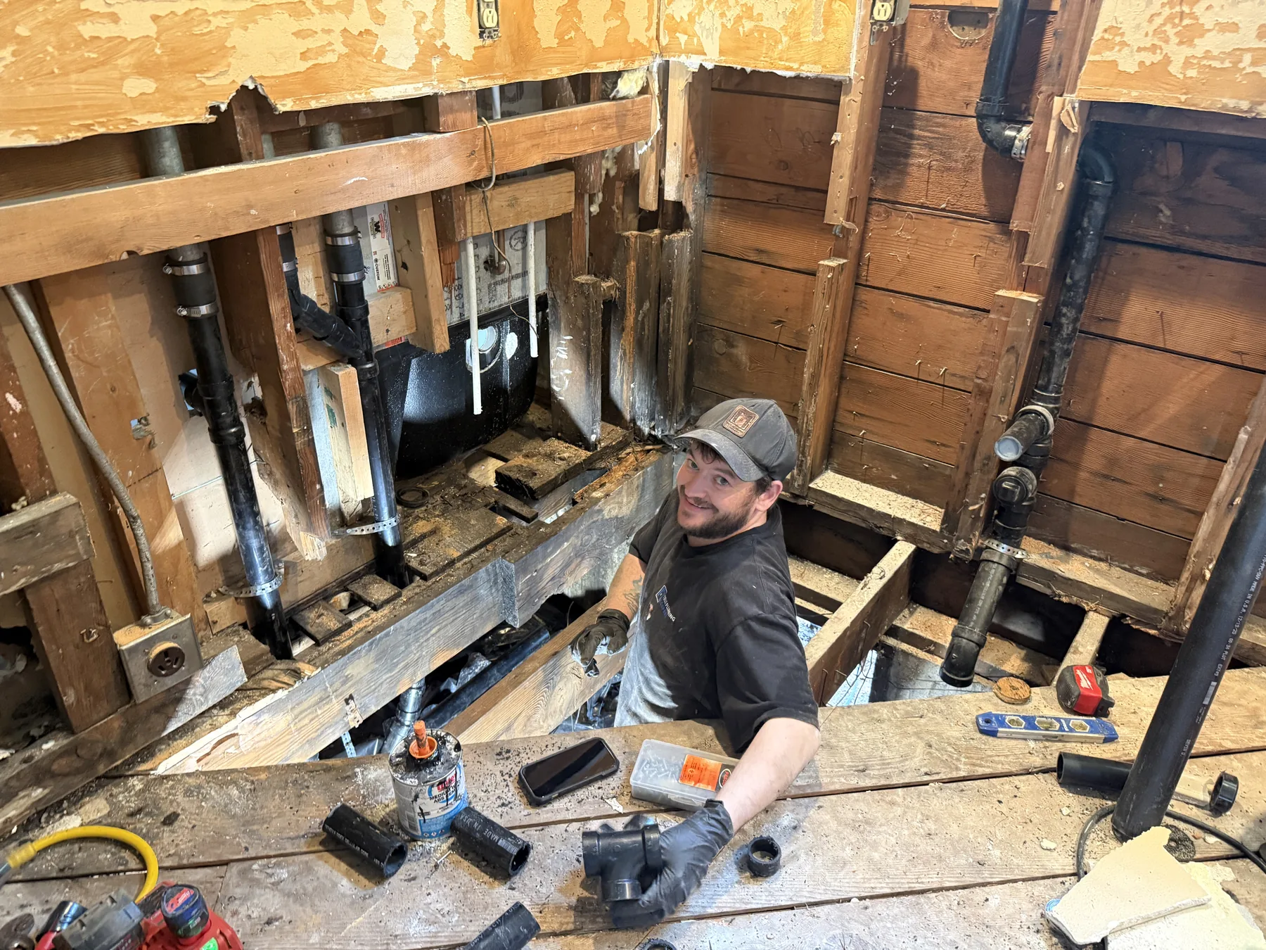 True Plumbing technician completing a full repipe in an older Clark County home