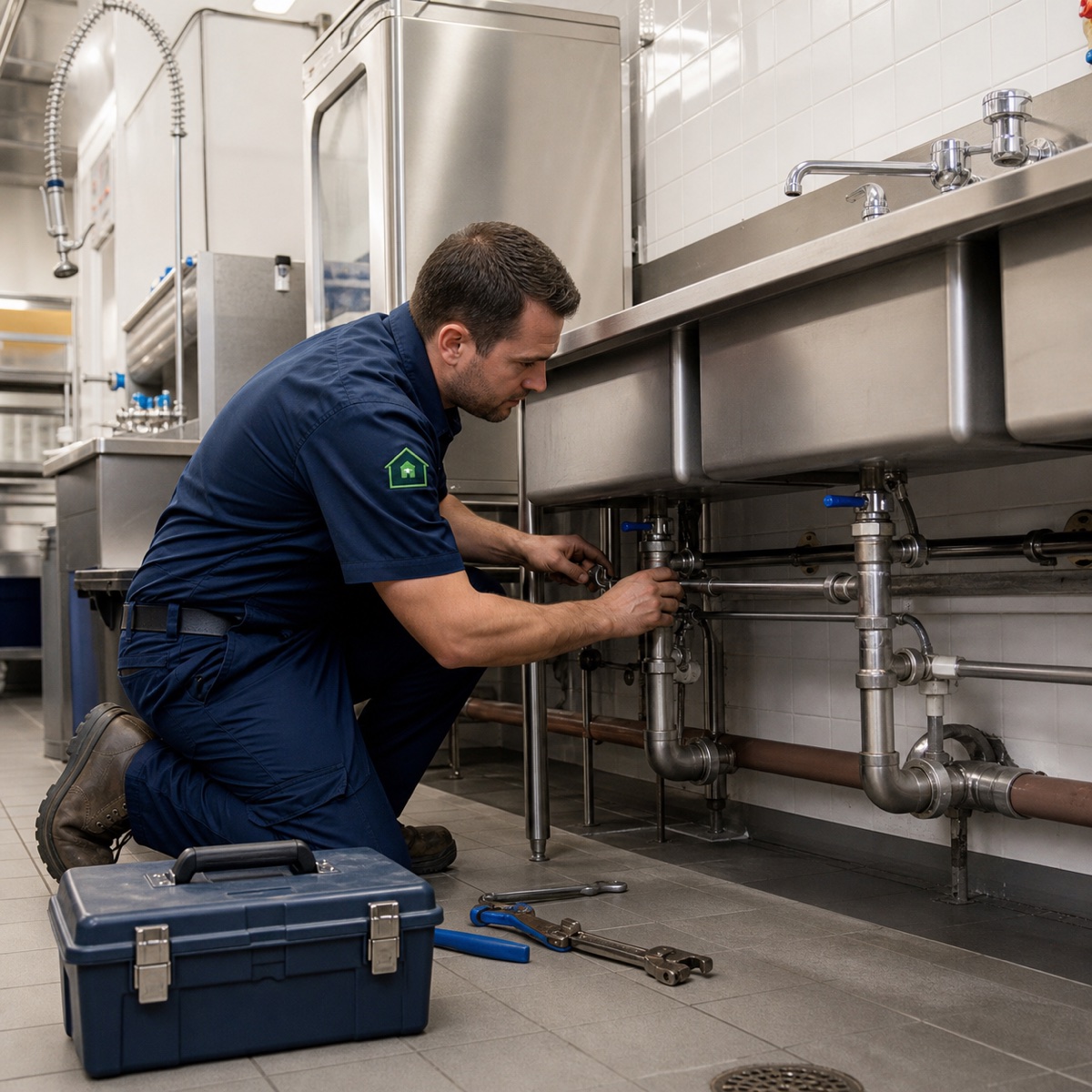 True Plumbing technician servicing plumbing beneath a commercial kitchen sink