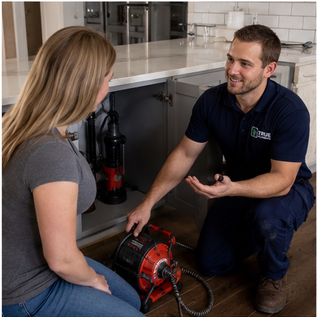 True Plumbing technician explaining a drain-cleaning service in a Vancouver, WA kitchen