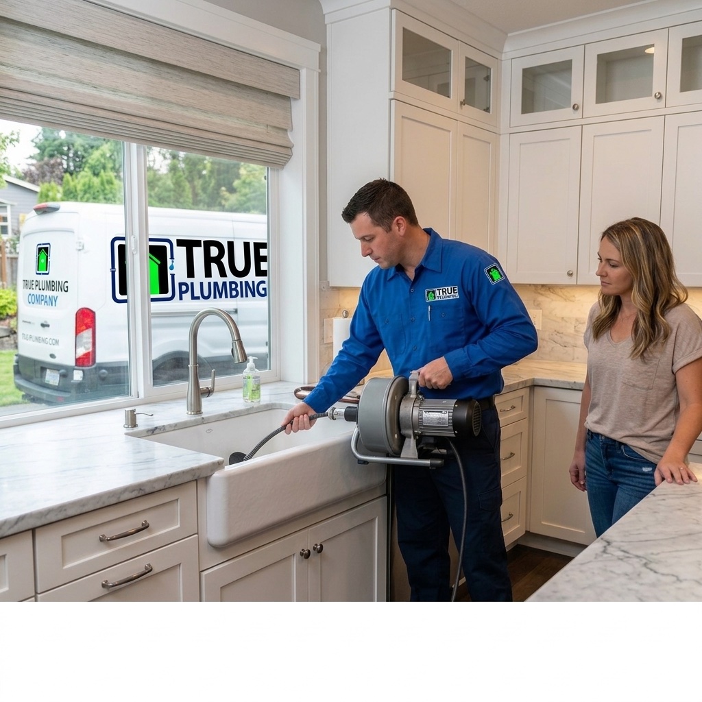 True Plumbing technician clearing an urgent kitchen drain in a Vancouver, WA home