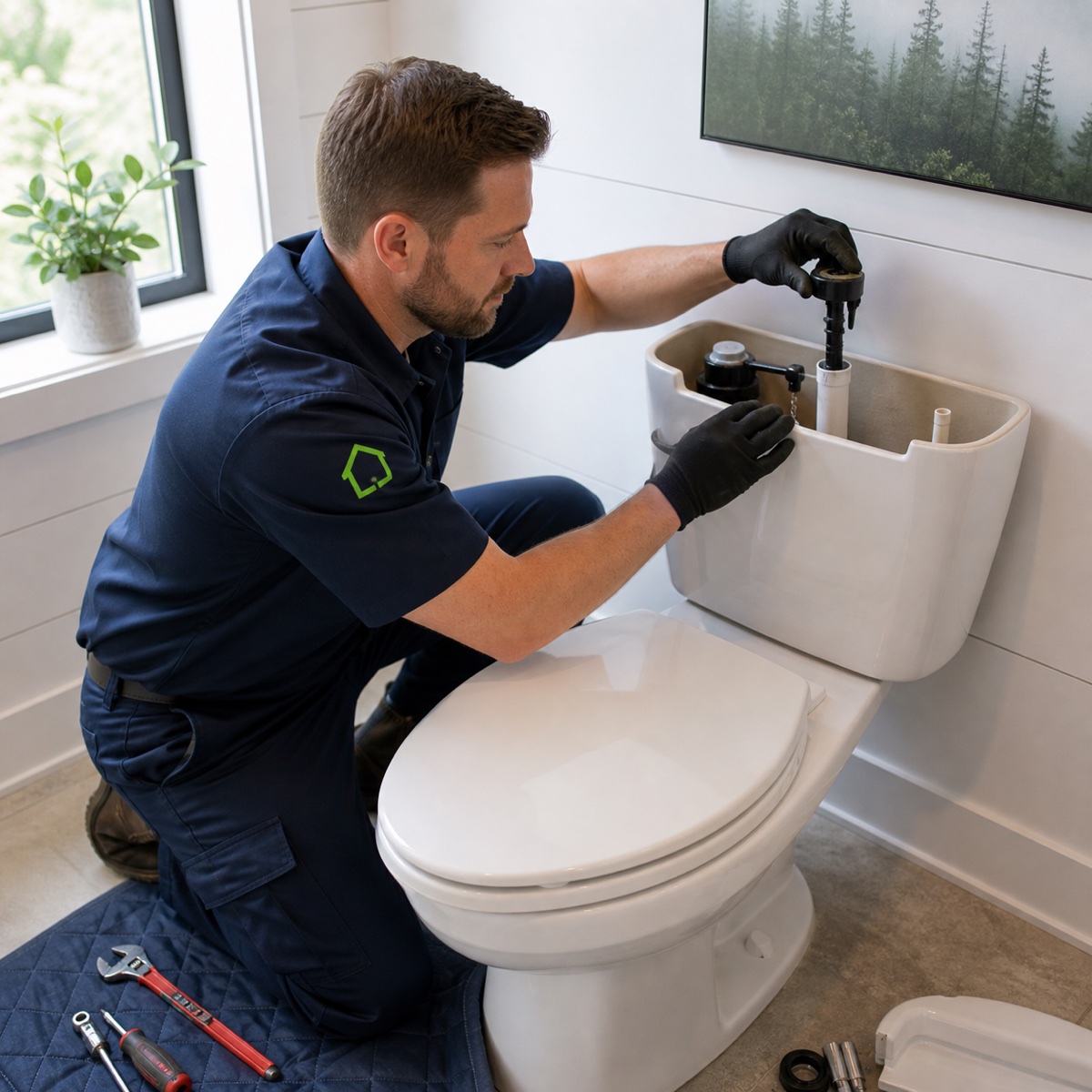 True Plumbing technician repairing a toilet fill valve in a Vancouver, WA home