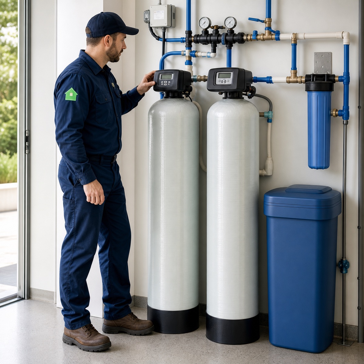 True Plumbing technician checking a whole-home water filtration system for a Camas household