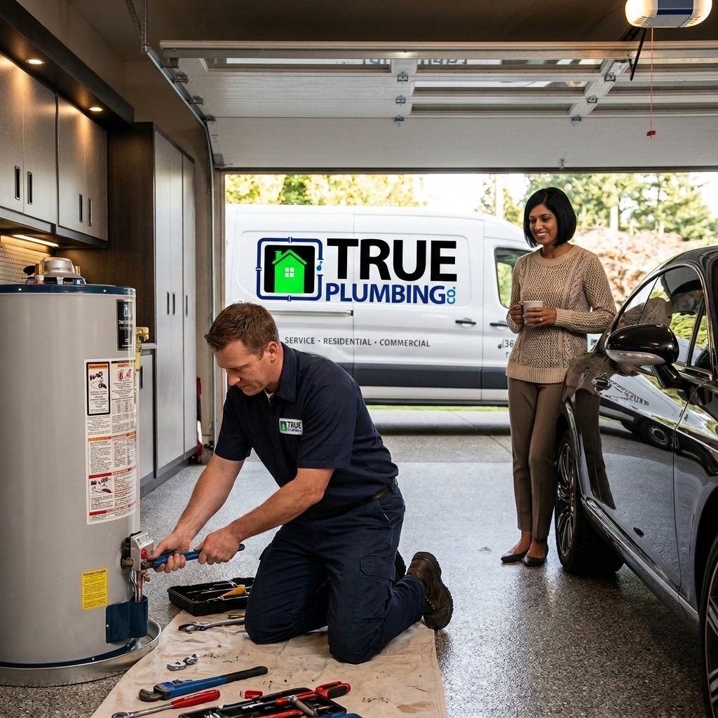 True Plumbing technician repairing a tank water heater in a Vancouver, WA garage