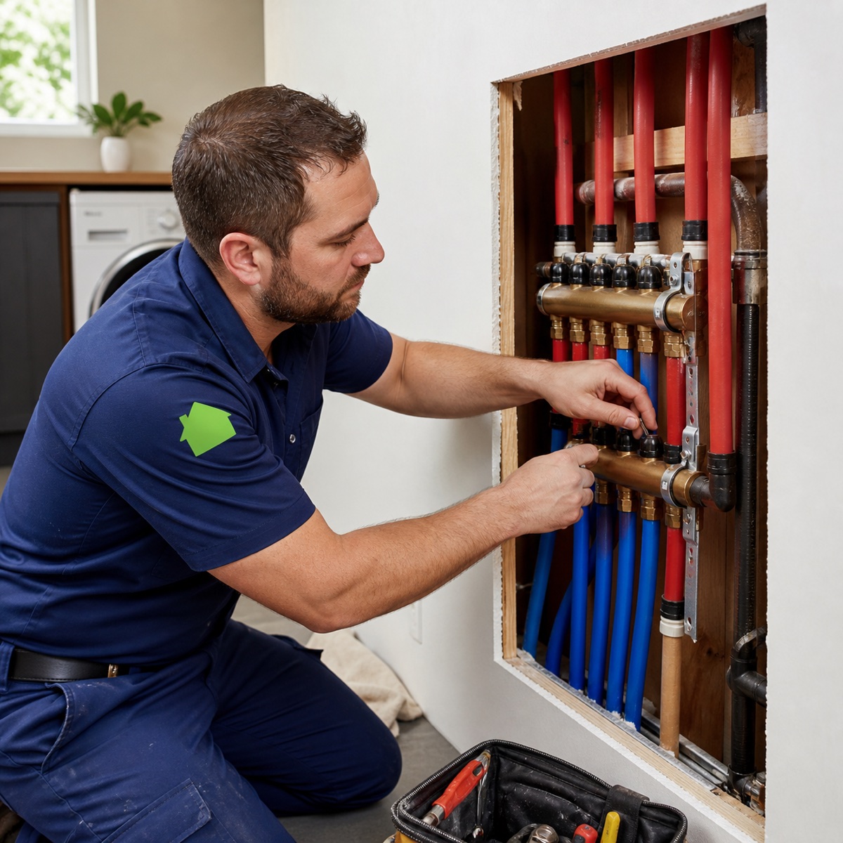 True Plumbing technician installing a whole-home PEX repiping manifold