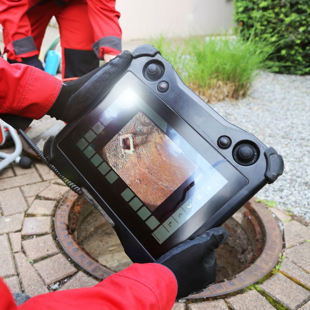 Our team using a drain camera to look through a sewer line drain