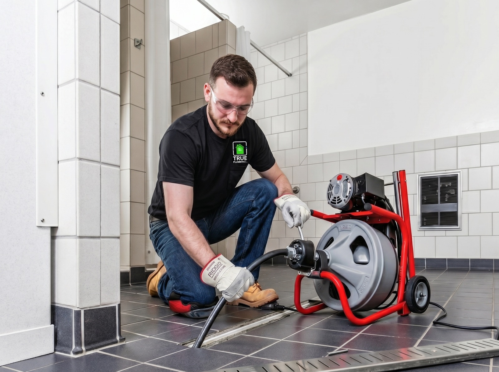 True Plumbing technician clearing a line from a bathroom cleanout